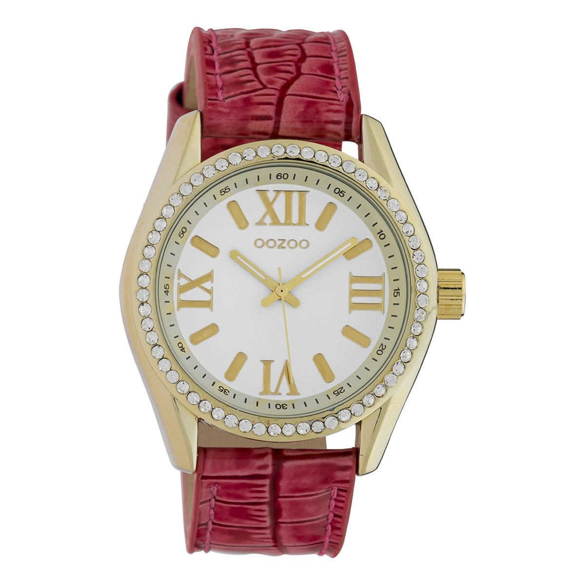 OOZOO Timepieces - Goudkleurige horloge met fuchsia leren band - C10227