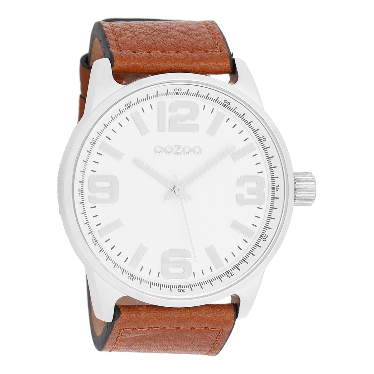 OOZOO Timepieces - Zilverkleurige horloge met cognac leren band - C7091