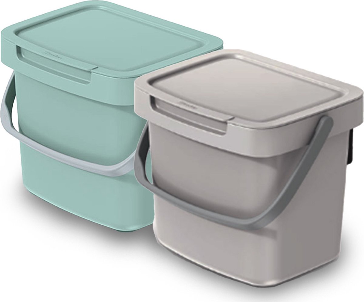 Goedkoopste Keden GFT aanrecht afvalbakjes set - 2x - beige/mintgroen - 3L - 19 x 17 x 15 cm - klepje/hengsel