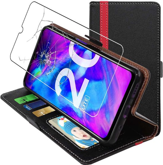 ebestStar - Coque compatible avec Honor 20 Lite, Etui Portefeuille, Housse Pochette Protection PU Cuir, Porte Carte, Noir / Rouge + Verre Trempé