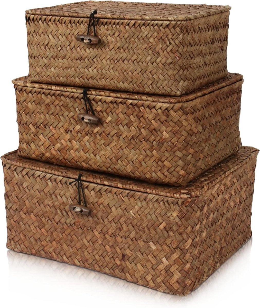 WOPPLXY Mand met deksel, 28 x 24 x 6,5 cm / 32 x 28 x 7 cm, rotan mand met deksel, zeegrasmand met deksels van gevlochten rotan, voor woonkamer, badkamer, keuken, 2 stuks