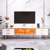 Sweiko Meuble TV à éclairage LED aspect marbre, meuble TV avec 4 pieds, 4 tiroirs texturés avec poignées dorées et deux portes en verre trempé marron, meuble TV moderne pour salon, 170*37*47,5 cm