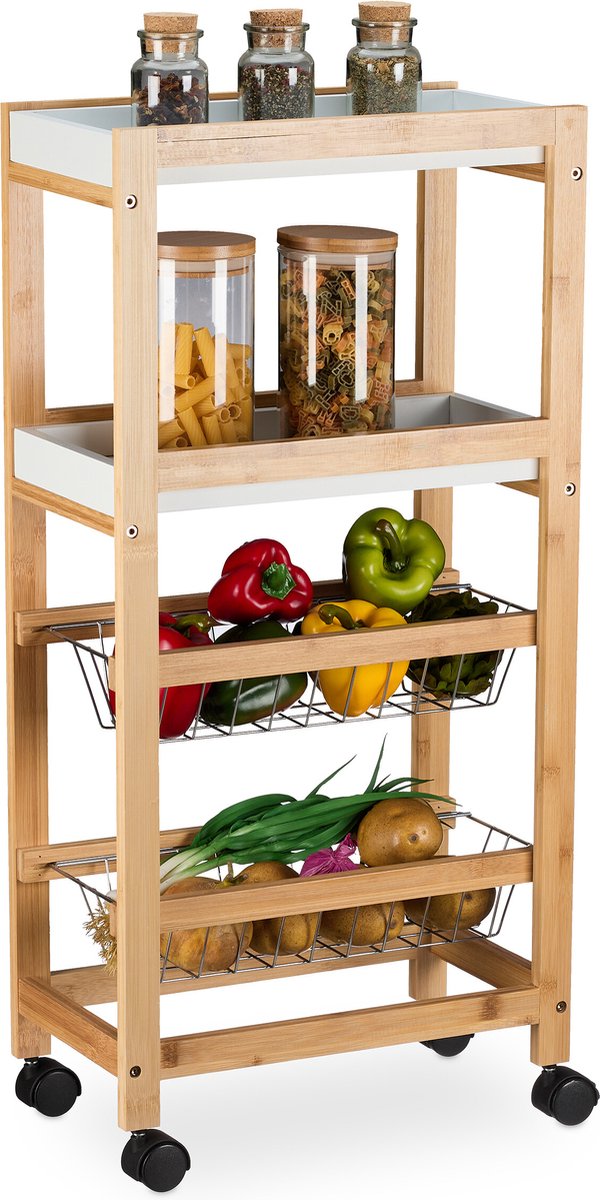 keukentrolley - 4 laags - 2 manden - keukenrek op wieltjes - 83 x 22 x 40 cm - bamboe