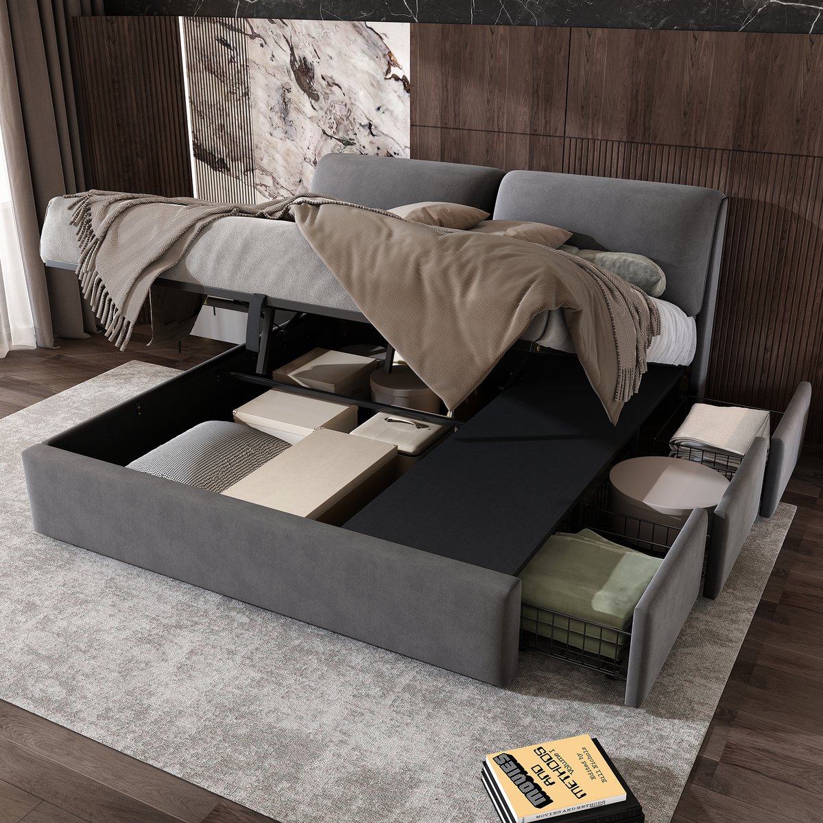 Sweiko Gestoffeerd bed - 180 x 200cm - 3 lades - Opbergruimte - Zonder matras - Velvet - Grijs