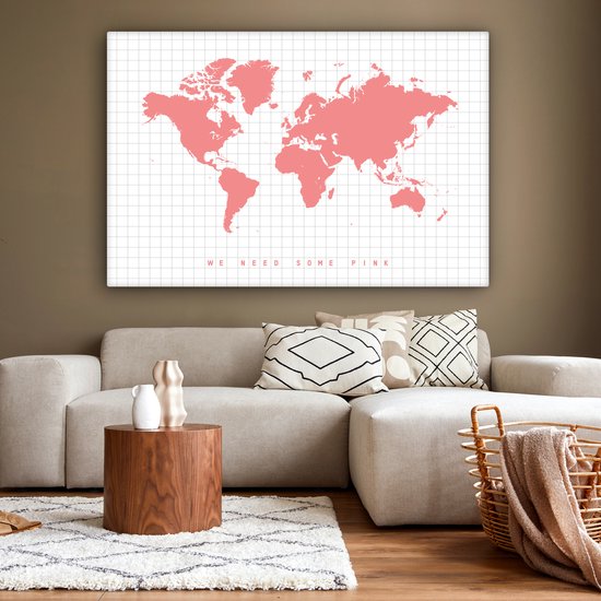 Toile Wereldkaart - Rose - Citation - 180x120 cm - Décoration murale
