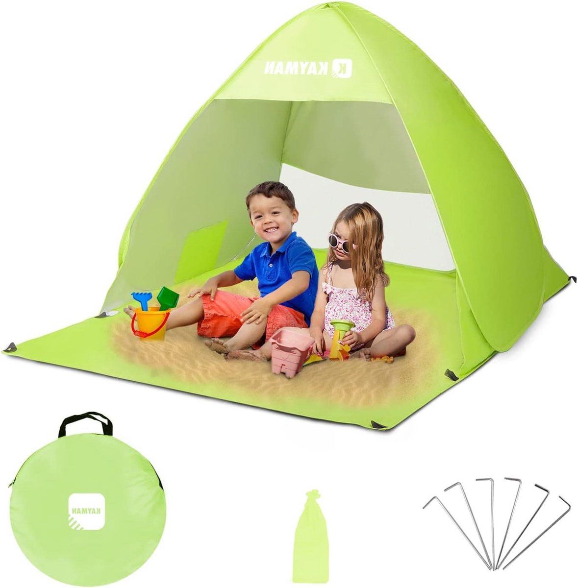 Pop-up strandtent UPF 50+ voor 3-4 personen - draagtas - winddicht - ritsdeur - familie strandtent - hondvriendelijk - groen