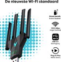 Zwarte wifi-adapter met 4 antennes, LED-indicator en tekst "Groot bereik Extra Stabiel".