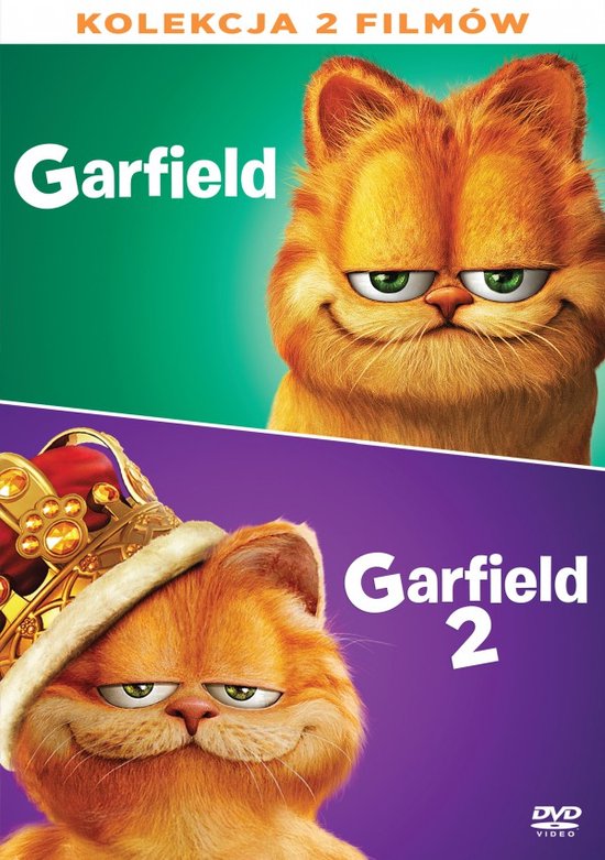 De voorkant van de 'Garfield 2' DVD-hoes. Boven: Garfield kijkt chagrijnig. Onder: Garfield draagt een kroon en kijkt chagrijnig.