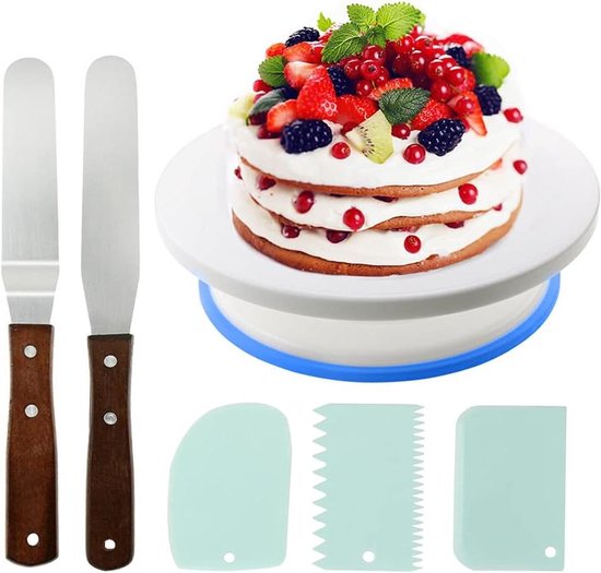 Foto: Roterende cake draaitafel 28 cm met icing soepeler en side scraper set cake decorating kit