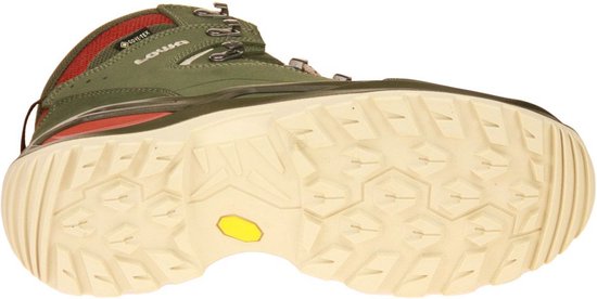 Onderkant van een groene Lowa wandelschoen met een beige zool met profiel.