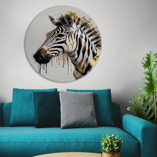 Décoration murale Zèbre ronde - Peinture animale - Décoration murale ronde Or - Peintures classiques - Cercle mural - Décoration murale chambre à coucher cercle mural forex 90x90 cm