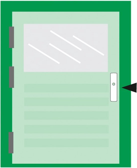 Groene deur met een glazen bovenpaneel en horizontale lijnen. Zilverkleurige deurklink met zwarte pijl.