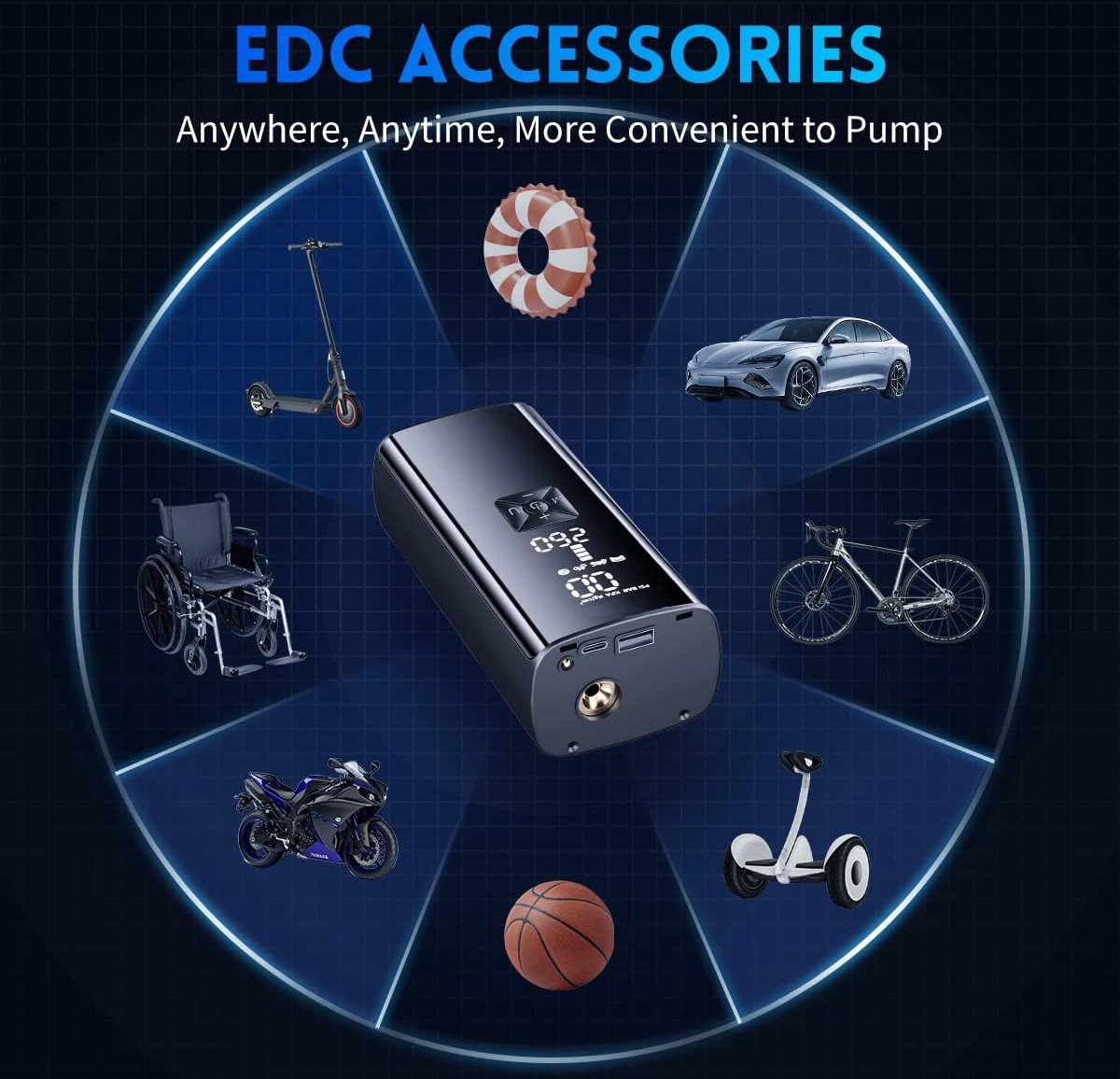 Electric Air Pump 5000mAh, Portable Air Compressor, 150PSI Mini Tire Inflator Bicycle Pump with 4Modes, LCD Digital Screen, LED Light, As Power Bank, For Car/Motorcycle/Bicycle/Ball
