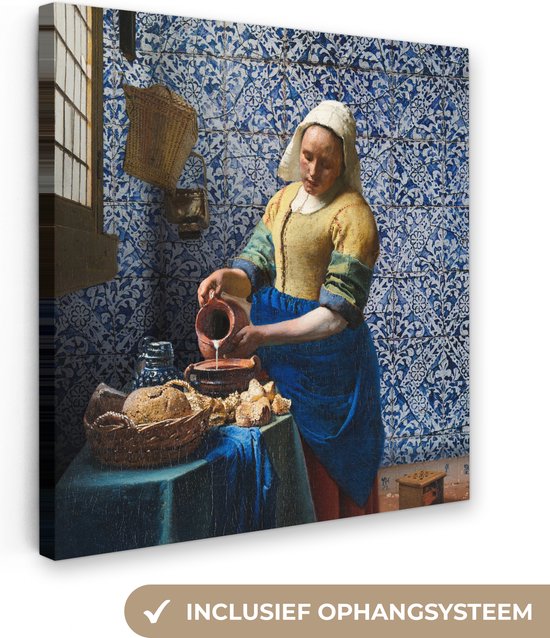 Tuinposter Meisje met de parel - Delfts blauw - Vermeer - Bloemen