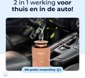 Rose gouden diffuser in de auto, met bladeren en stoom. '2 in 1 werking voor thuis en in de auto!'