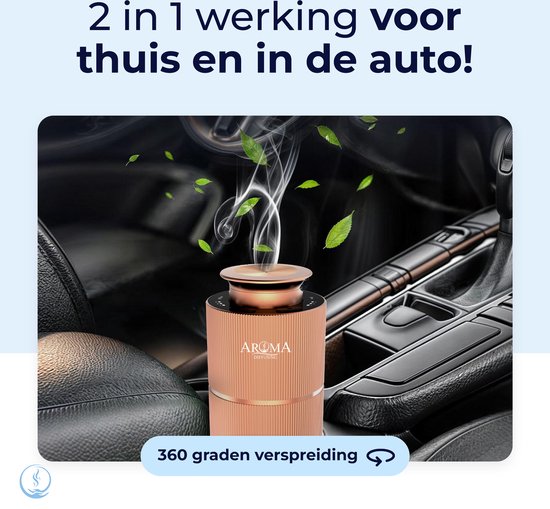 Rose gouden diffuser in de auto, met bladeren en stoom. '2 in 1 werking voor thuis en in de auto!'