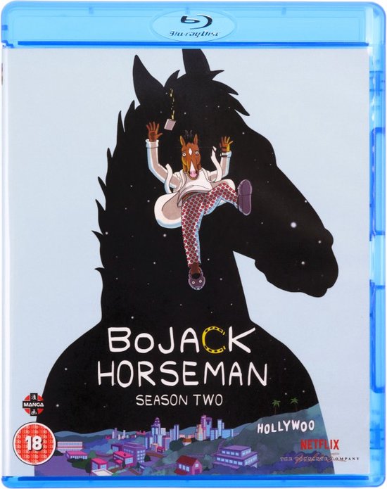 Blu-ray hoes van Bojack Horseman seizoen 2, met Bojack in een wit shirt en rode broek, staand op de silhouet van een paard met sterren.