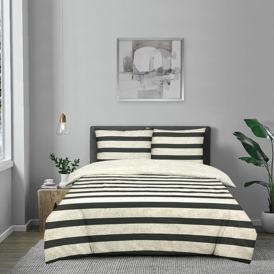 DoubleDry Housse de Couette My Design 140x200 cm 1 Personne - 100% coton doux - rayure noir gris