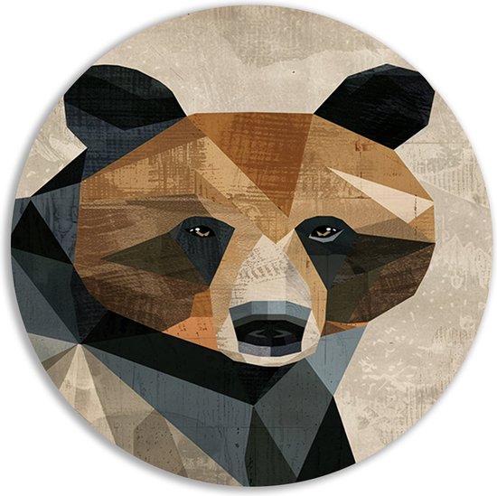 Beer schilderij - Dieren wandpaneel - Wanddecoratie rond Geometrie - Muurdecoratie kinderkamer - Wandschalen - Woonkamer accessoires muurcirkel forex 90x90 cm