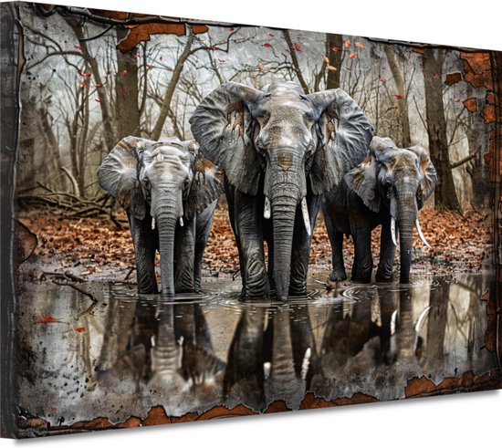 Olifanten wanddecoratie - Dieren schilderijen - Bomen - Modern schilderij - Muurdecoratie kantoor - Woonkamer decoratie - Slaapkamer accessoires - Canvas 90x60 cm