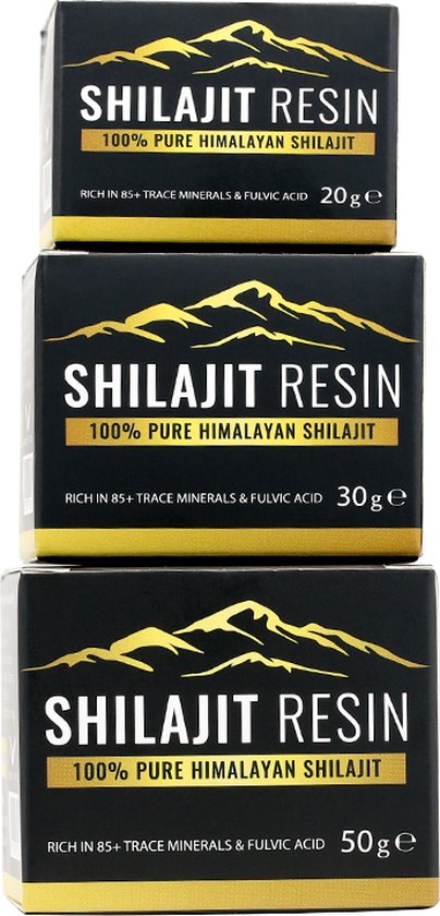 Stapel van drie zwarte doosjes Shilajit Resin met gouden bergen-logo: 20g, 30g en 50g van boven naar beneden.
