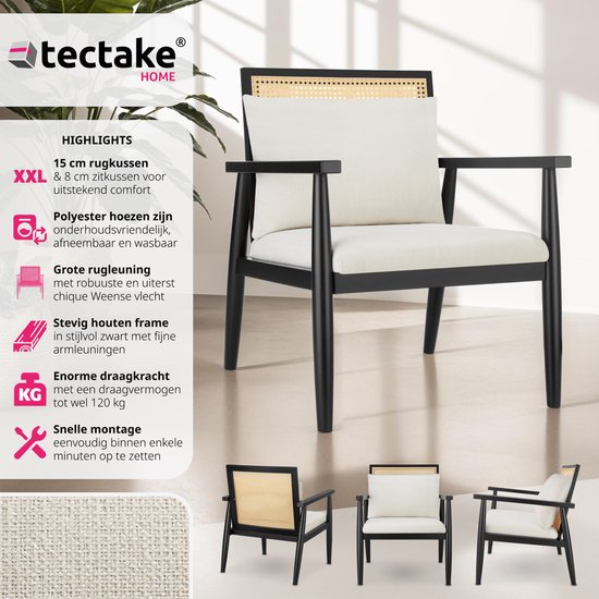 tectake® Loungestoel - Stoel met Weens vlechtwerk - Moderne cocktailstoel - Fauteuil - Relaxstoel voor de woonkamer - Comfortabel als loungestoel of leesstoel - Incl. zit- en rugkussen