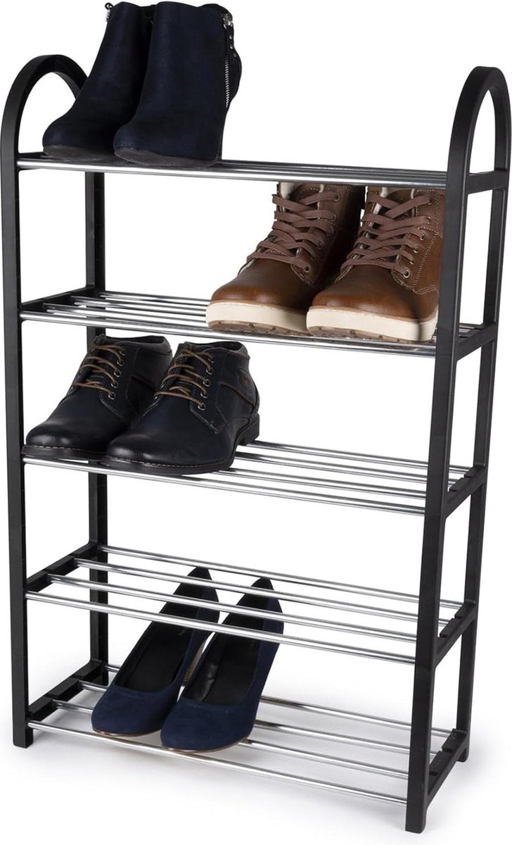 5-Laags Schoenenrek Opbergrek 50x20x77 CM Ruimte voor 10-15 Paar Schoenen Zwart Zilver