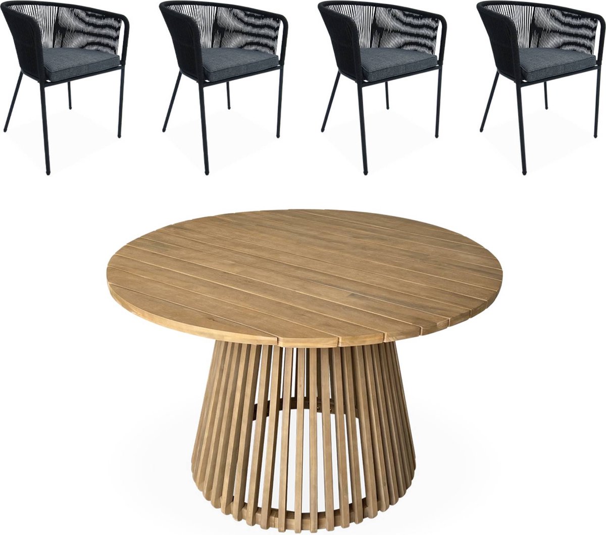 sweeek - Ronde eettafel van acaciahout, binnen/buiten + 4 stoelen van touw en staal