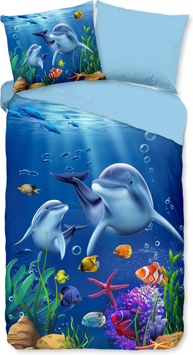 Pure dekbedovertrek dolfijnen / zee - 1 persoons 140x200/220 cm - Blauw - Microvezel Blue
