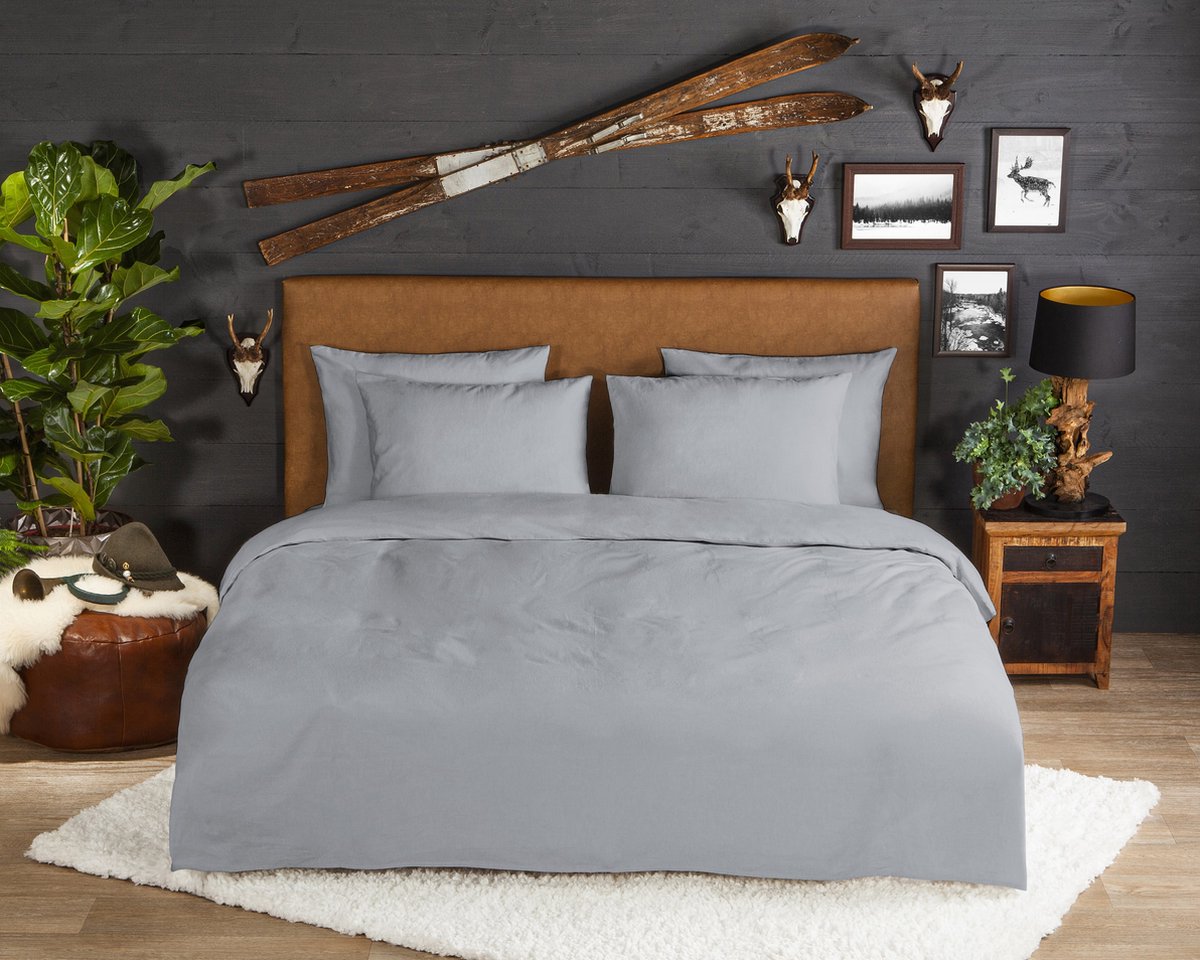 Good Morning dekbedovertrek effen kleur - 2 persoons 200x200/220 cm - Zilver - 100% Katoen flanel