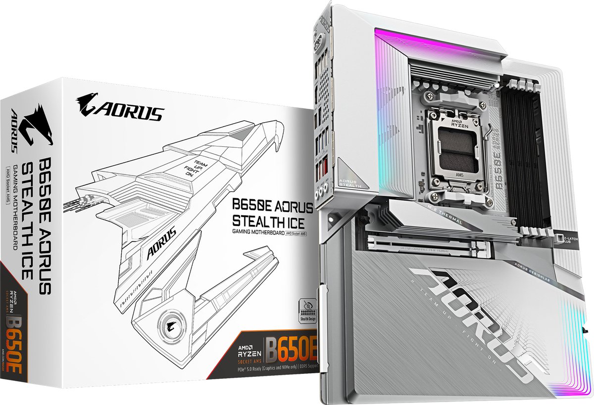 GIGABYTE B650E AORUS STEALTH ICE moederbord RAID, 2.5 Gb-LAN, Wi-Fi 7, BT, Sound, ATX