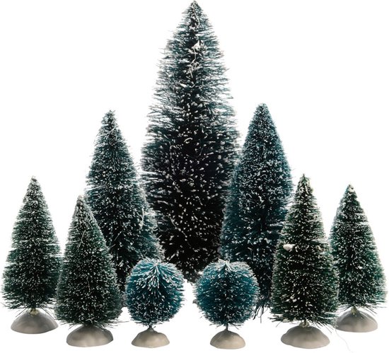 Decoris Kerstdorp kerstboompjes - 9x st - groen - 4-22 cm - kunststof - miniatuur boompjes