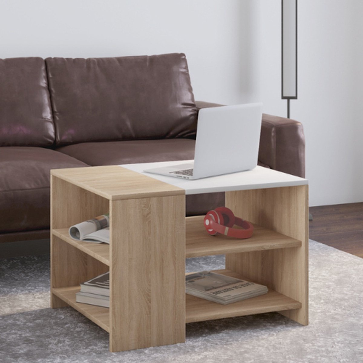 Salontafel Milana 70x50 Cm-Sonoma Eik/wit - Emob - Salontafel - Wit; Bruin - Melamine; Spaanplaat