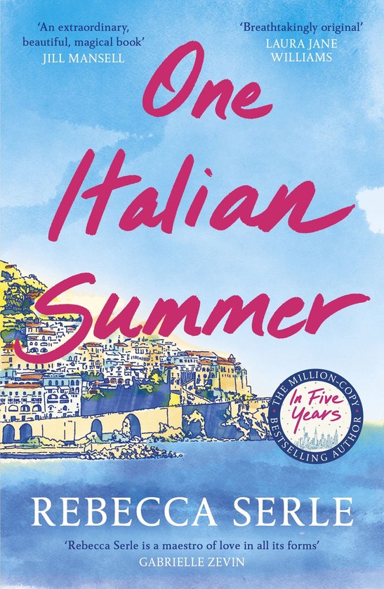 Boek "One Italian Summer" van Rebecca Serle. De omslag toont een Italiaans kuststadje met felgekleurde gebouwen en de titel in roze letters.
