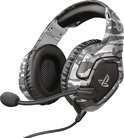 Grijze camouflage gaming headset met zwarte oorkussens en op de zijkant het PS logo.