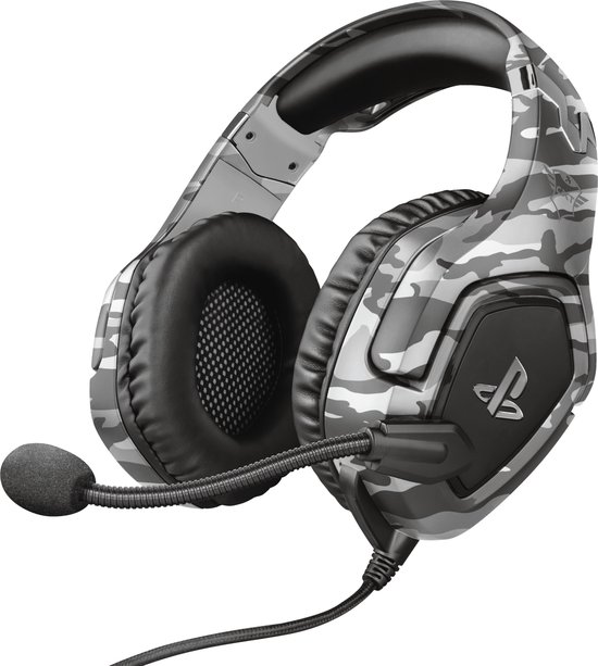 Grijze camouflage gaming headset met zwarte oorkussens en op de zijkant het PS logo.