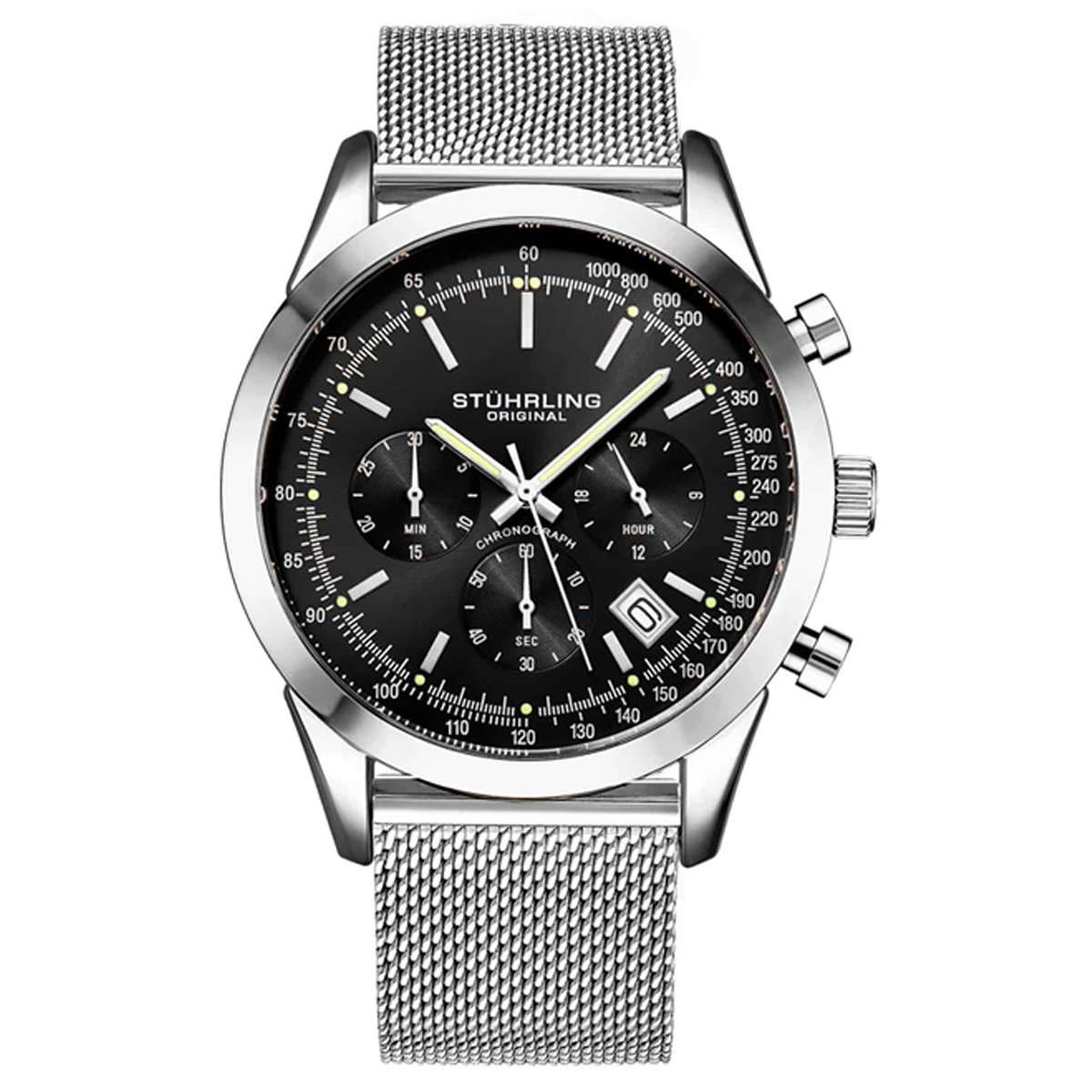Stührling Rialto 3975L Quartz 44mm Chronograaf Horloge - Horloge Heren - Horloges voor Mannen - Waterdicht 10 ATM - Zilveren Legering Band met Vouwsluiting