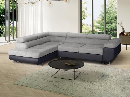 Hoekbank met hoek links van grijze stof en kunstleer KERIO II L 273 cm x H 90 cm x D 200 cm