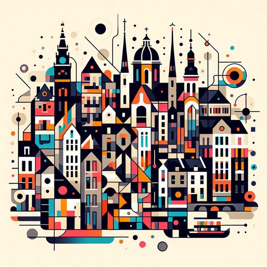 Abstract amsterdam schilderij | Vibrant Cityscape: A Modern Interpretation of Amsterdam's Abstract Beauty | Kunst - 100x100 centimeter op Forex | Foto op Forex