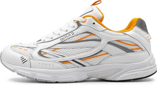 Witte sneaker met oranje en grijze strepen en mesh panelen. Oranje voering en grijze hiel-detail.