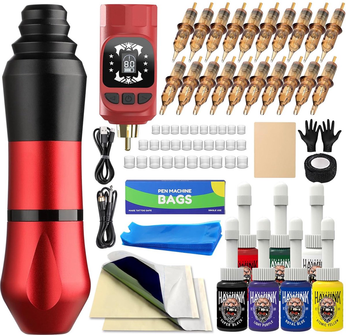 Tattoo Machine met Accessoires - Tattoo Machines Draadloos - Tattoo Set Inclusief Inkt en Naalden - Tattoo Kit - Voor Professionals en Beginners - Top Kwaliteit - Rood met Zwart