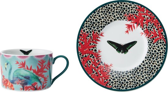 fanquare Blauwe ballon bloem keramische koffiekop en schotel set elegante porseleinen theekop met fris bloemenontwerp, vaatwasmachinebestendig voor middagfeest thuis café cadeau 250 ml