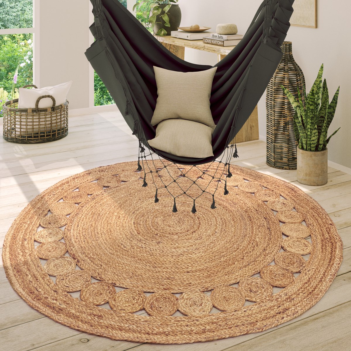 Paco Home Vloerkleed Rond Woonkamer Jute Boho Ethno Handgemaakt Natuurlijk Vloerkleed 200 cm Rund