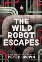 Boekomslag: "The Wild Robot Escapes" met een kleine robot tussen industriële buizen in groen en grijs.