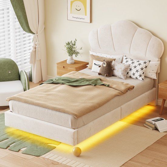 CARO-Möbel Gestoffeerd bed Mandalay met leed-verlichting, eenpersoonsbed, lederen bed, 90 x 200 cm met lattenframe, imitatieleer, zwart