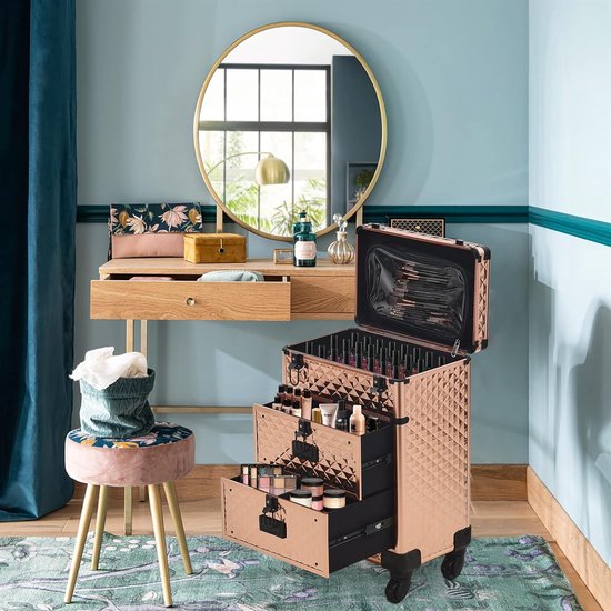 Songmics Cosmeticakoffer, trolley, make-upkoffer, schmink-koffer, met handgreep, met 4 universele wielen, met 4 uittrekbare vakken, voor op reis, zwart JHZ013B01