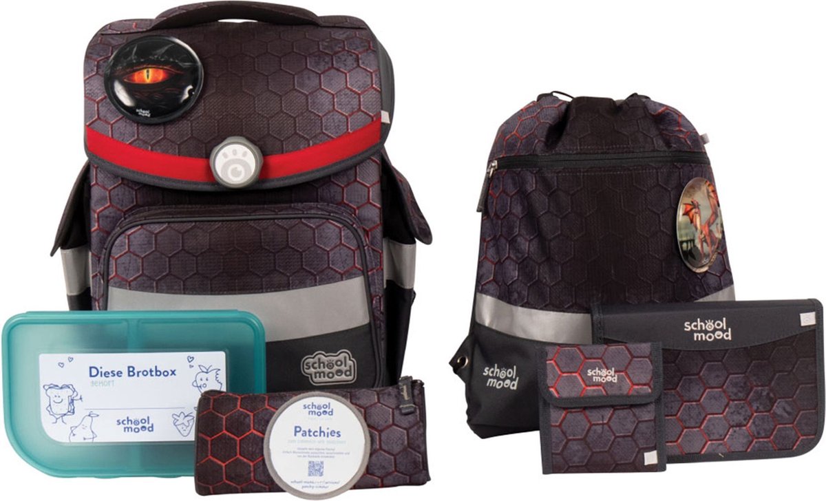 School-Mood Schooltas Timeless mit LED Patchy Schulranzen-Set 7-delig Mika Donkergrijs