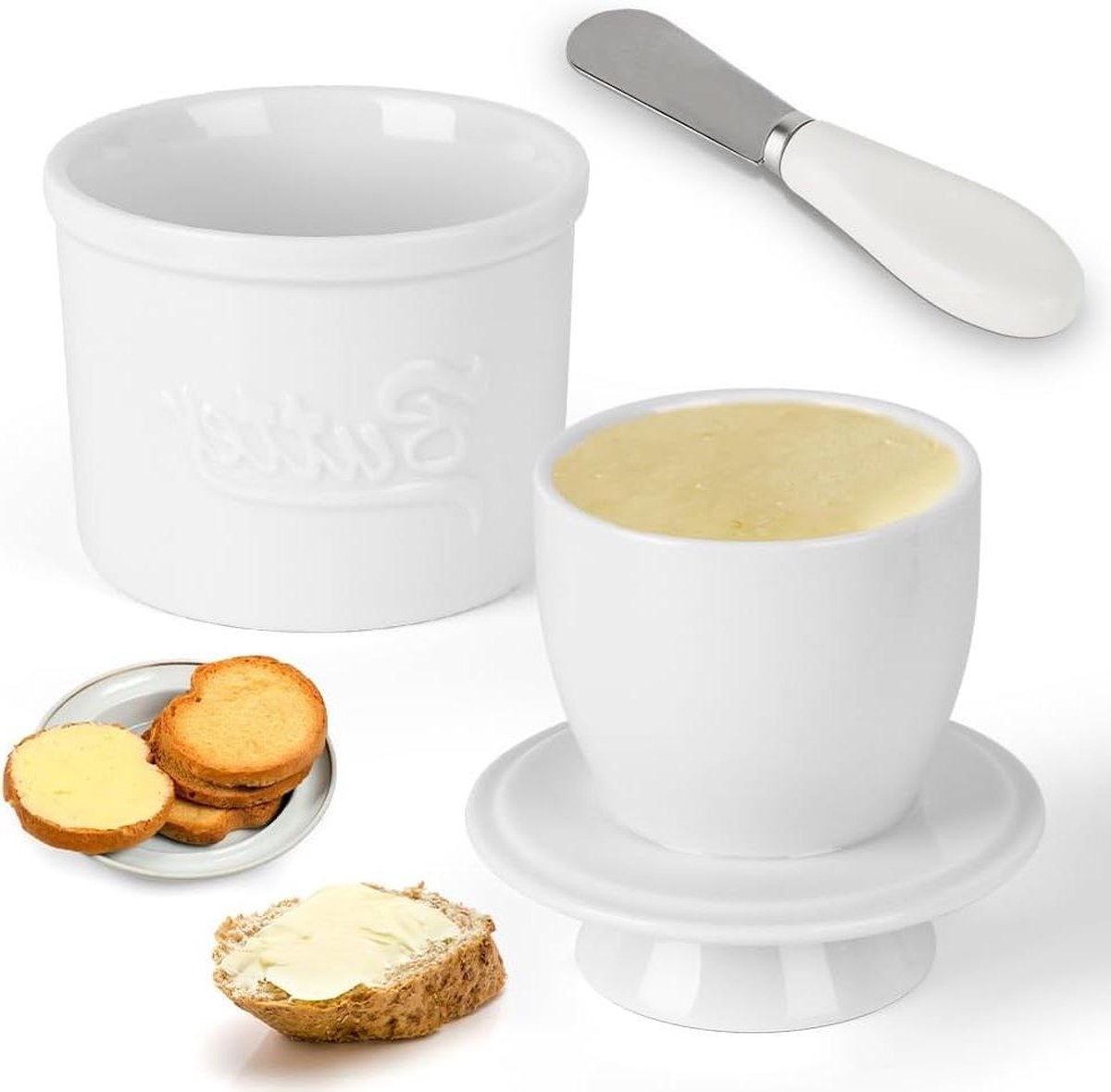 Franse porseleinen botervloot met waterkoeling luchtdicht afsluitdeksel en roestvrijstalen botermes keukenaccessoire voor smeerbare boter (wit) butter dish with lid