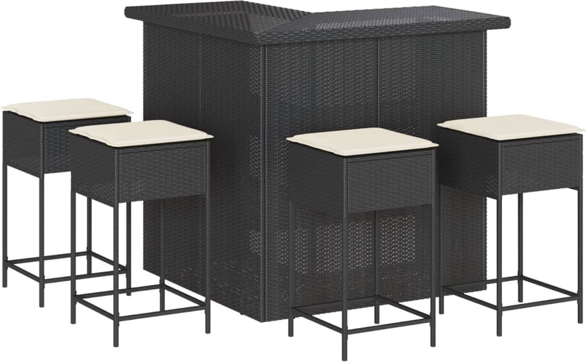VidaXL 5-delige Tuinbarset met kussens poly rattan zwart