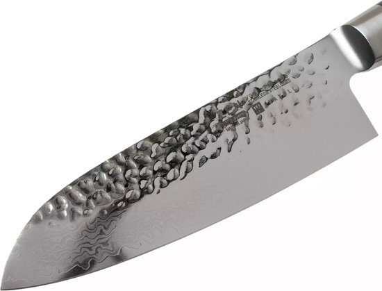 Yaxell Japonais - Série Zen - Couteau de Chef Santoku - Acier VG-10 - 61 HRC - Lame 16,5 cm - Acier Damas 37 Couches - Manche Toile-Micarta